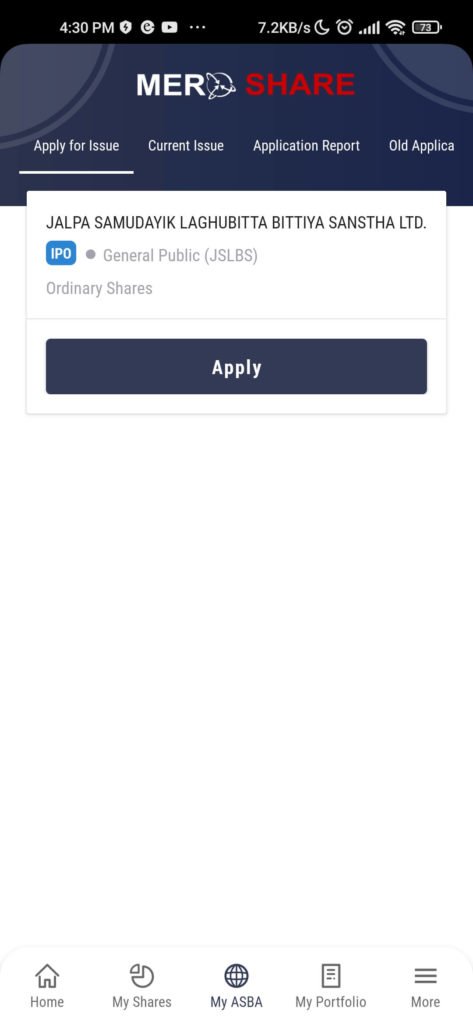 Apply for Issue Mobile MeroShare App